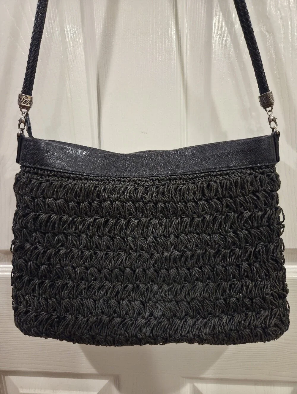 Brighton Black Woven Raffia Shoulder Bag With Silver Embellishment Leather Strap